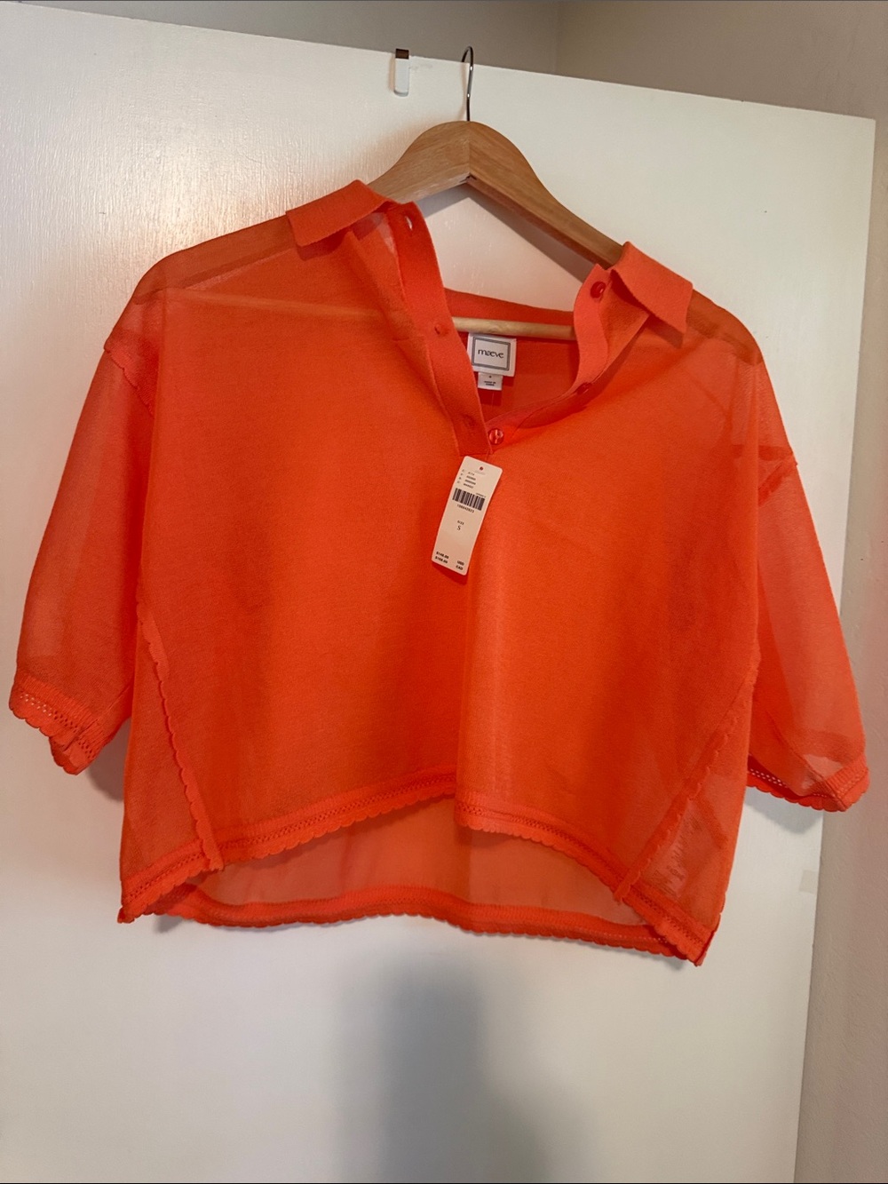 MAEVE Mango Bright Orange Sheer Collared Crop Top